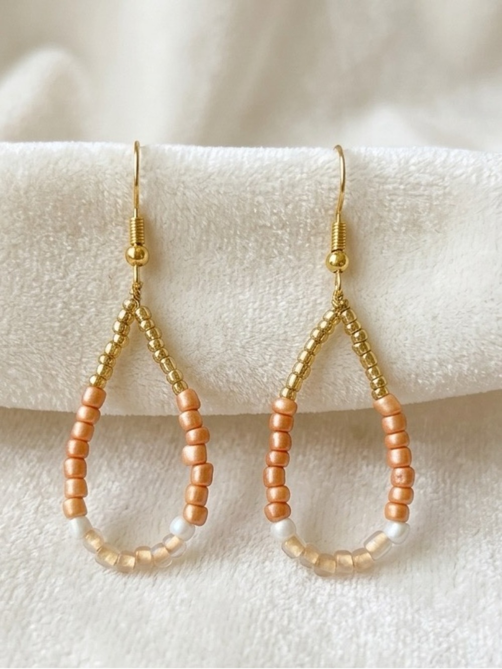 ❤️Handmade Peach Beaded Teardrop Earrings - Gold Accents
